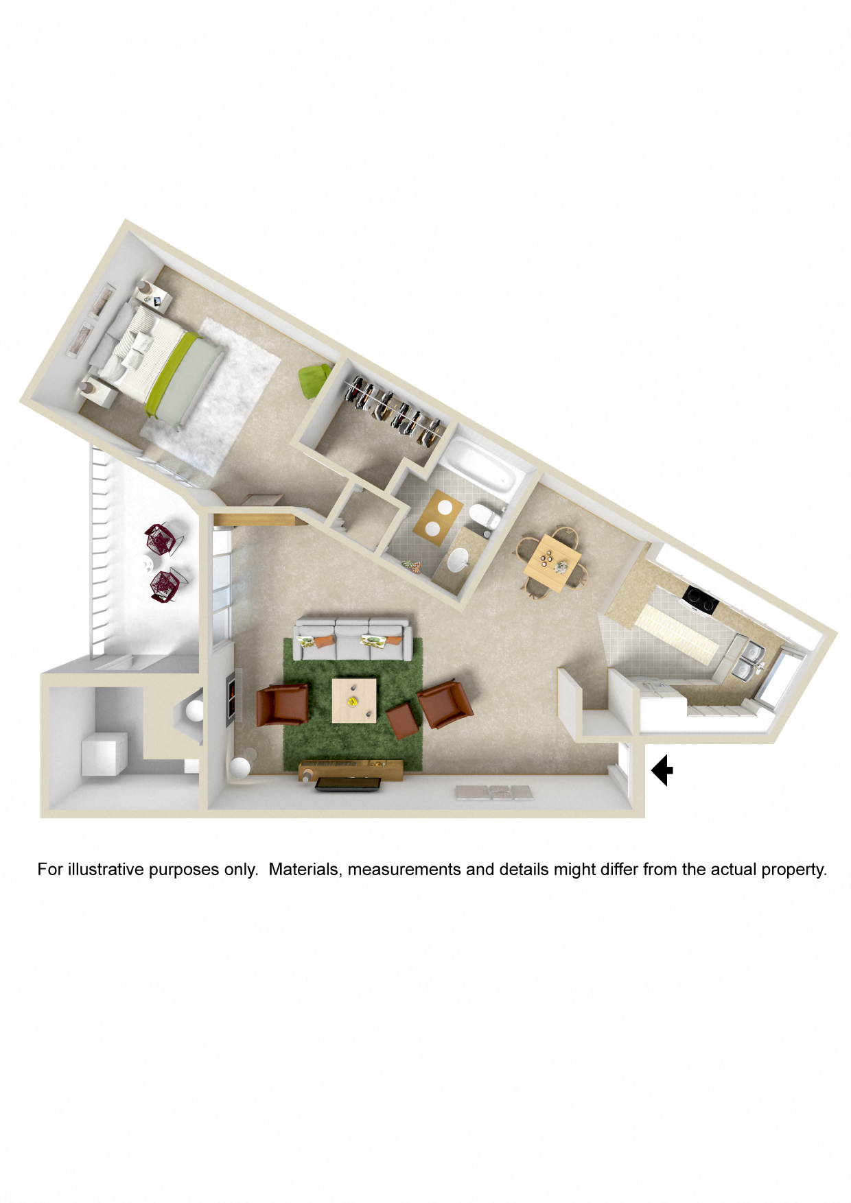 Floor plan for 1 bed, 1 bath, 838 sqft